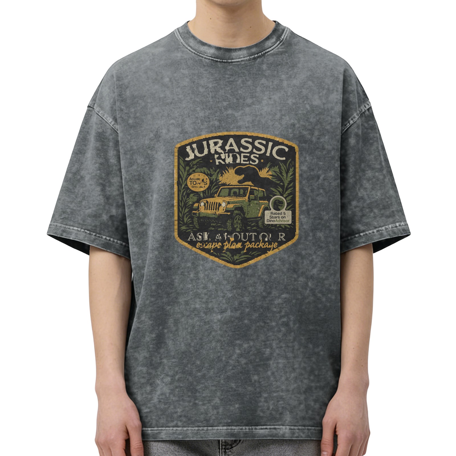 Jurassic Rides Graphic Print Acid Wash Oversized T-Shirt