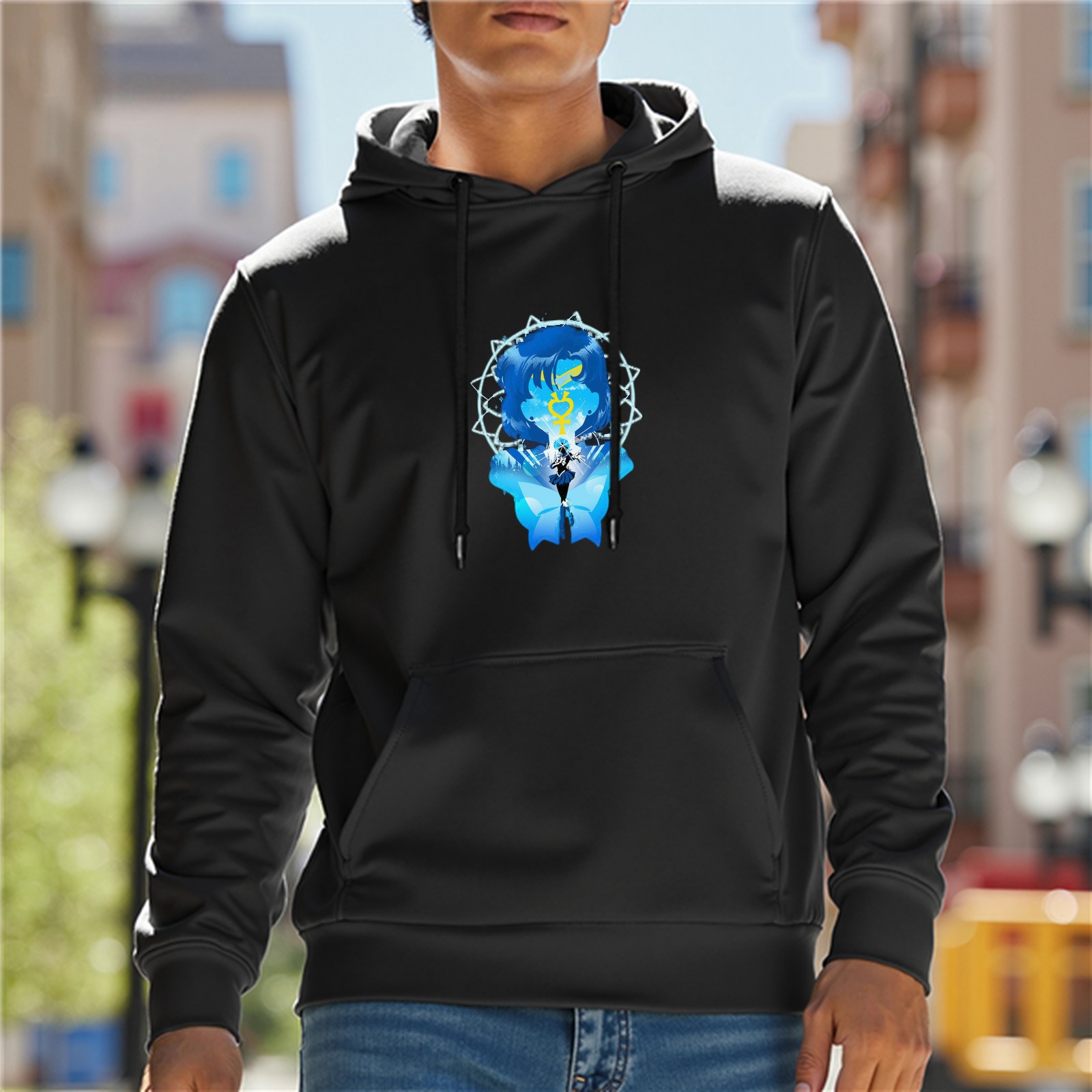 Black hoodie with blue anime character graphic print