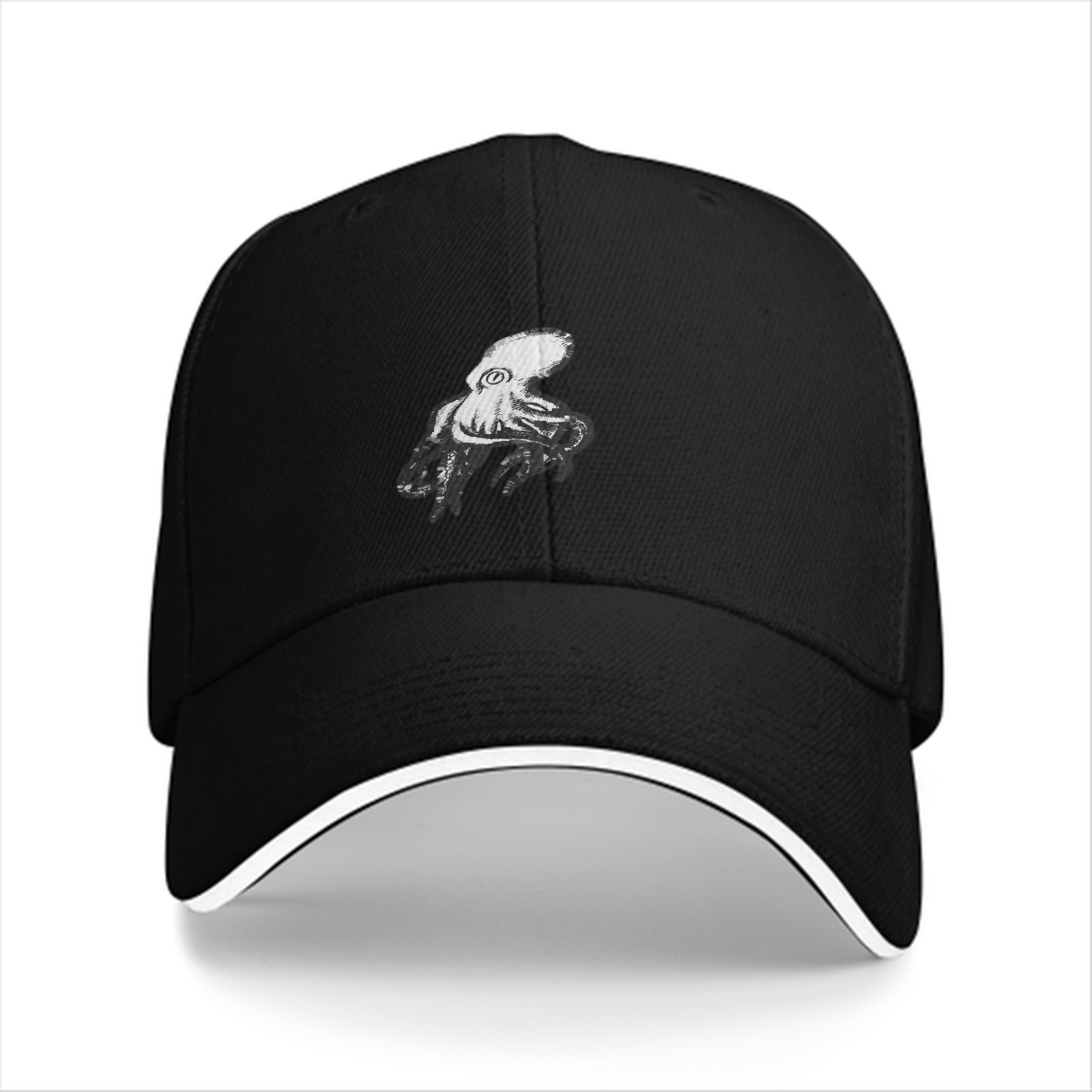 Black baseball cap with white octopus graphic design