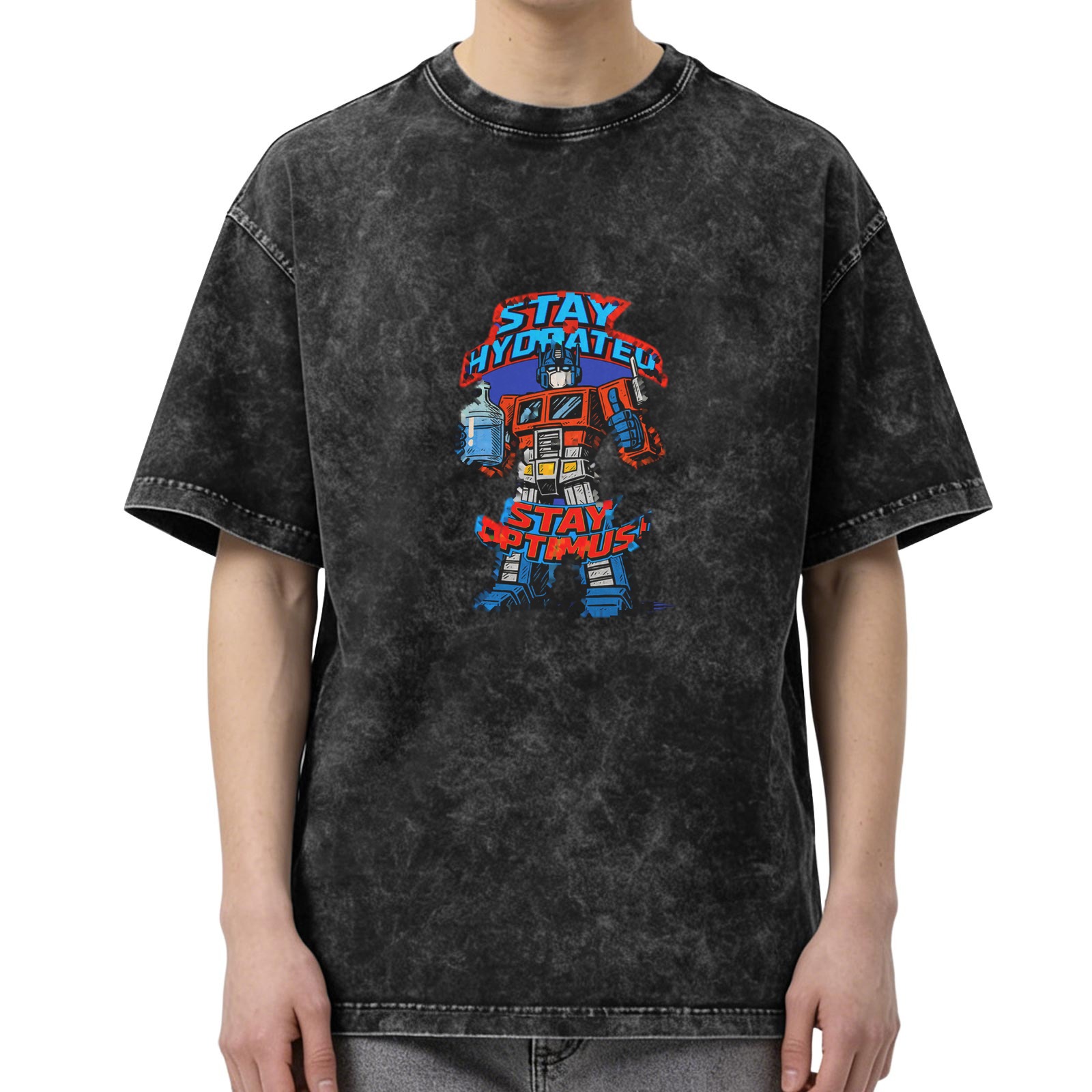 Oversized Acid Wash T-Shirt With Optimus Prime Stay Hydrated Graphic