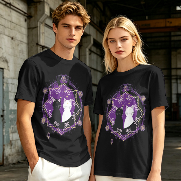 Olive T-Shirt With Celestial Black And White Cat Graphic