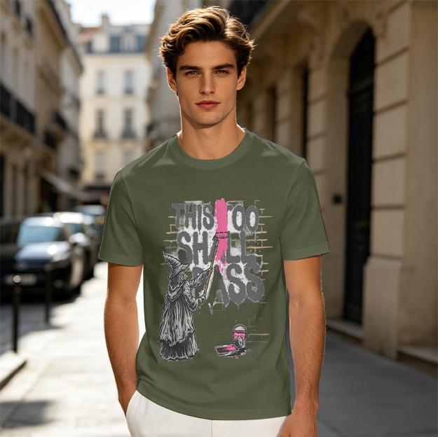 Olive graphic t-shirt with 'This Too Shall Pass' witch artwork