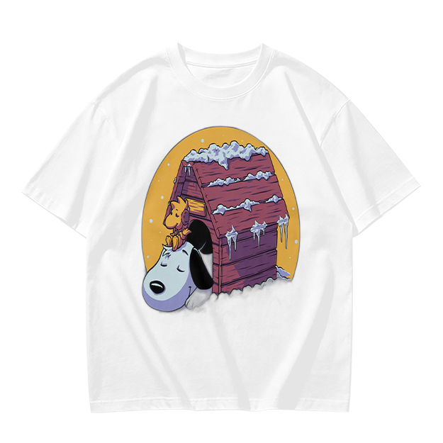 Olive T-shirt with Snoopy and Woodstock at snow-covered doghouse