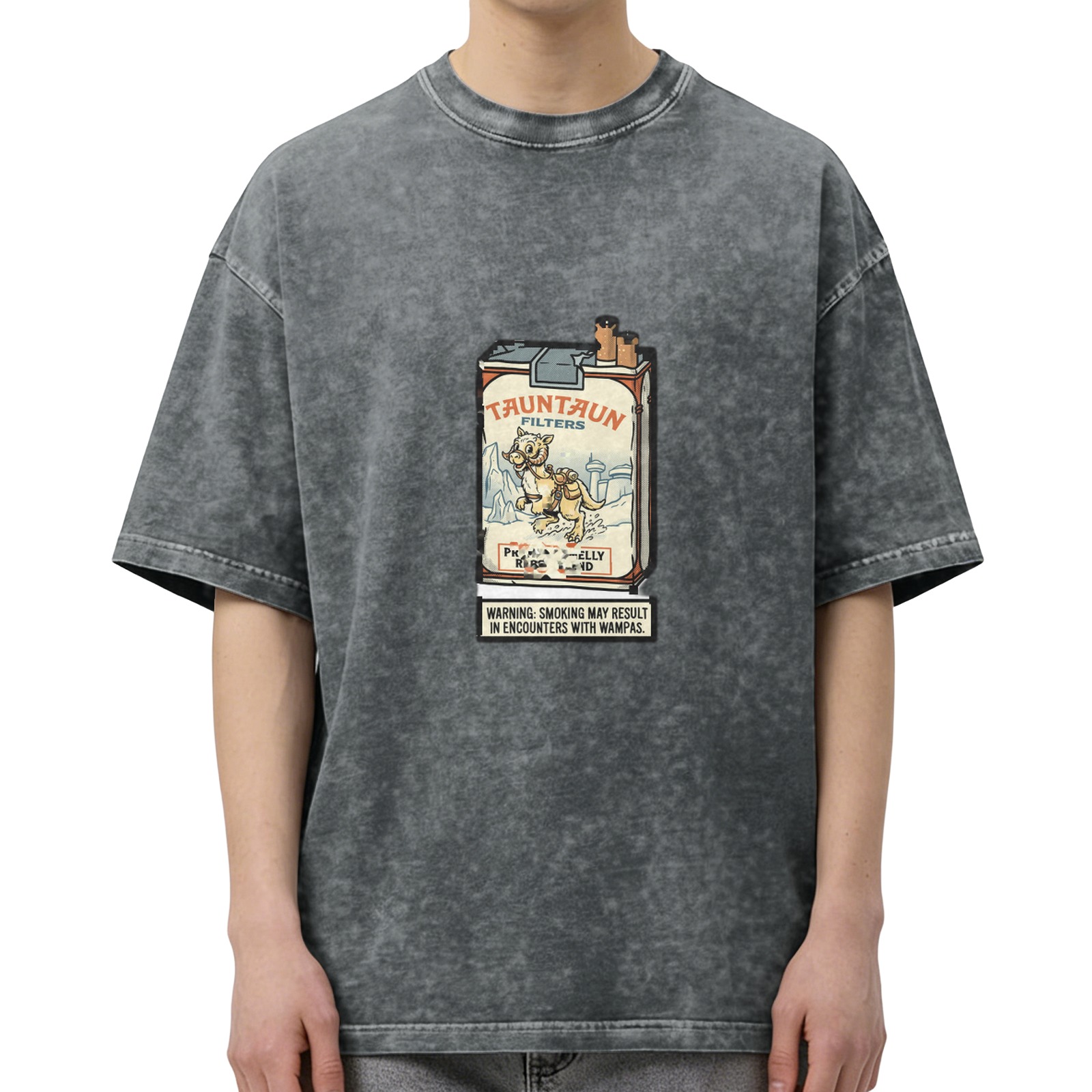 Washed Black T-Shirt With Tauntaun Cigarette Pack Graphic