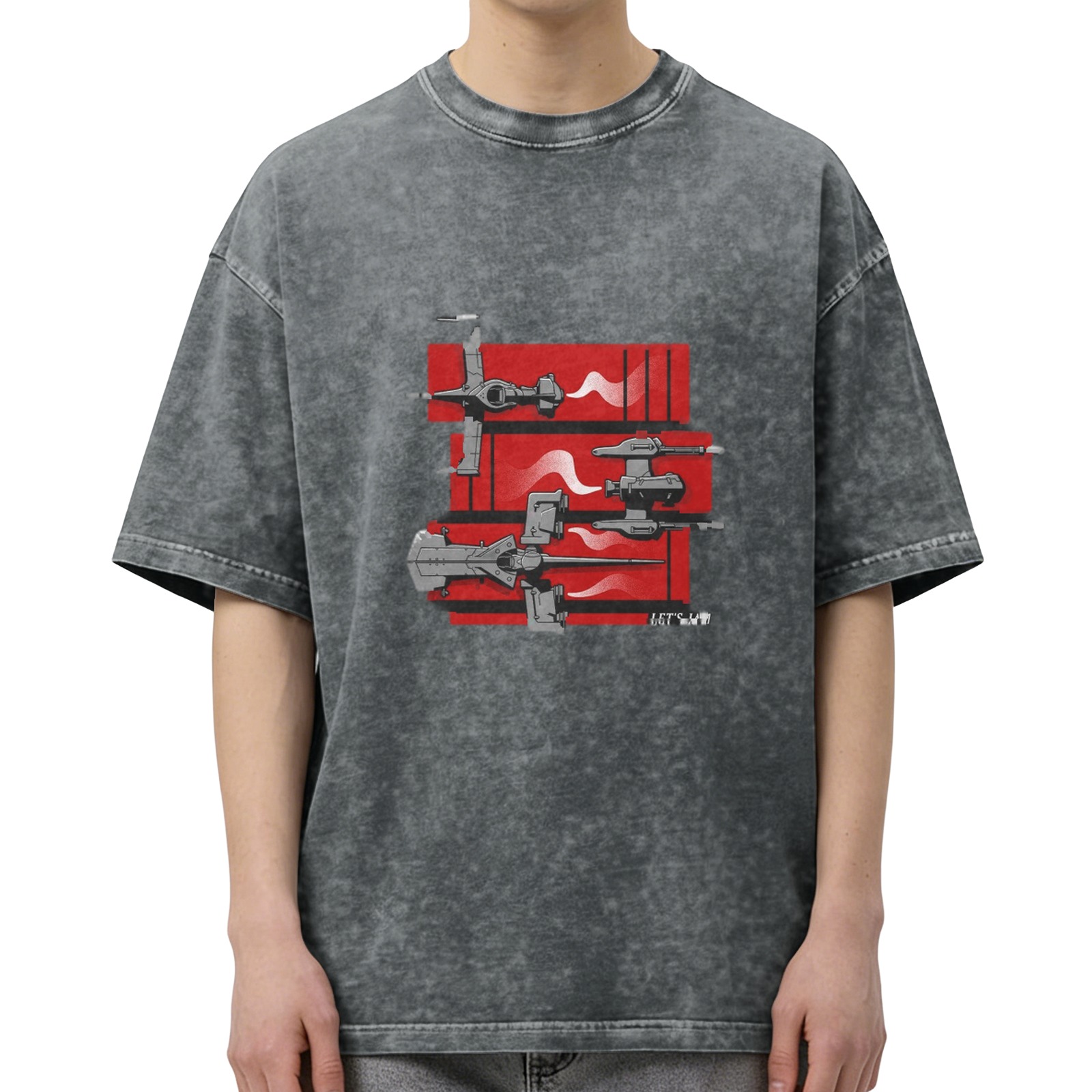 Distressed black loose short-sleeved T-shirt with sci-fi spaceship print design