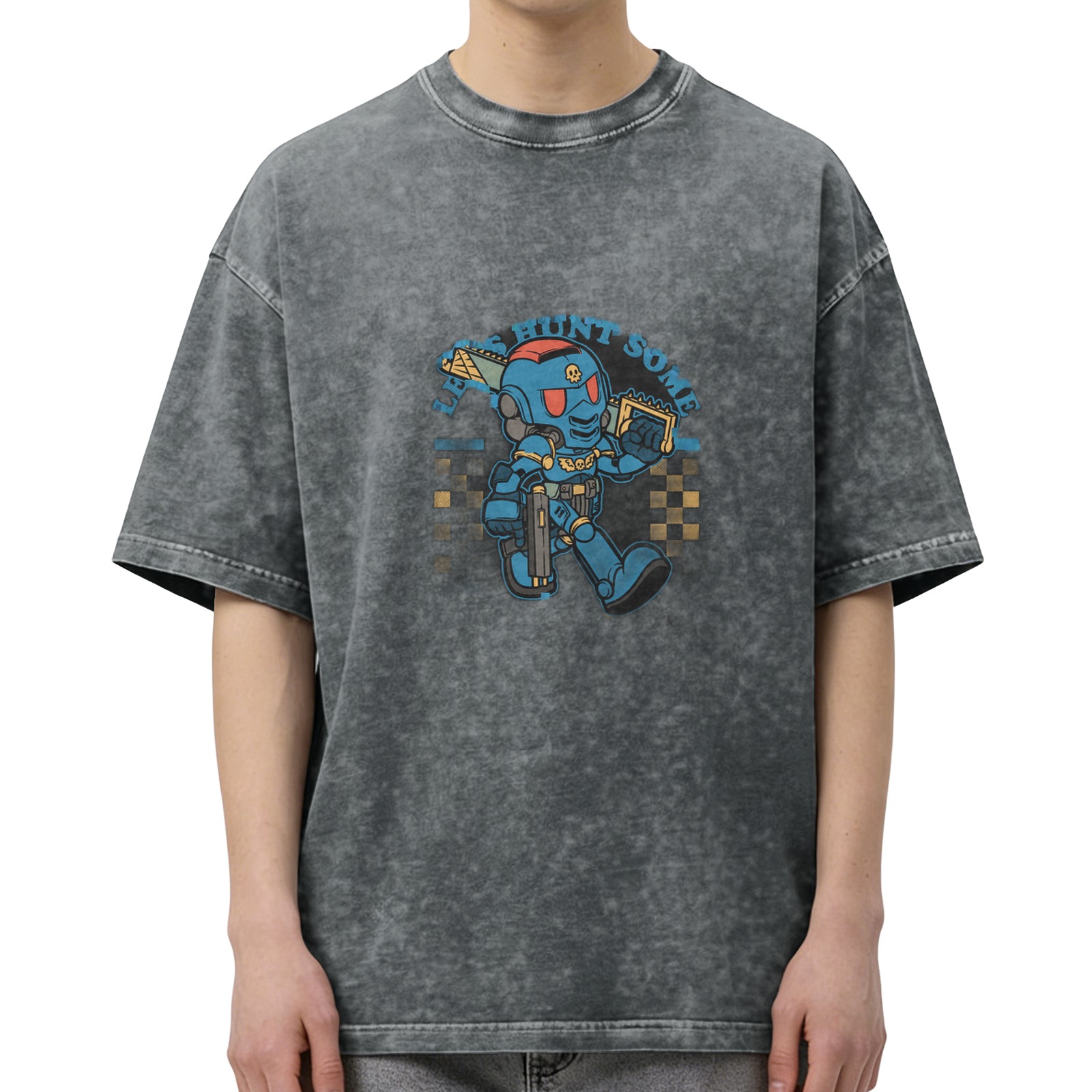 Oversized Acid Wash T-Shirt With Chibi Space Marine Graphic