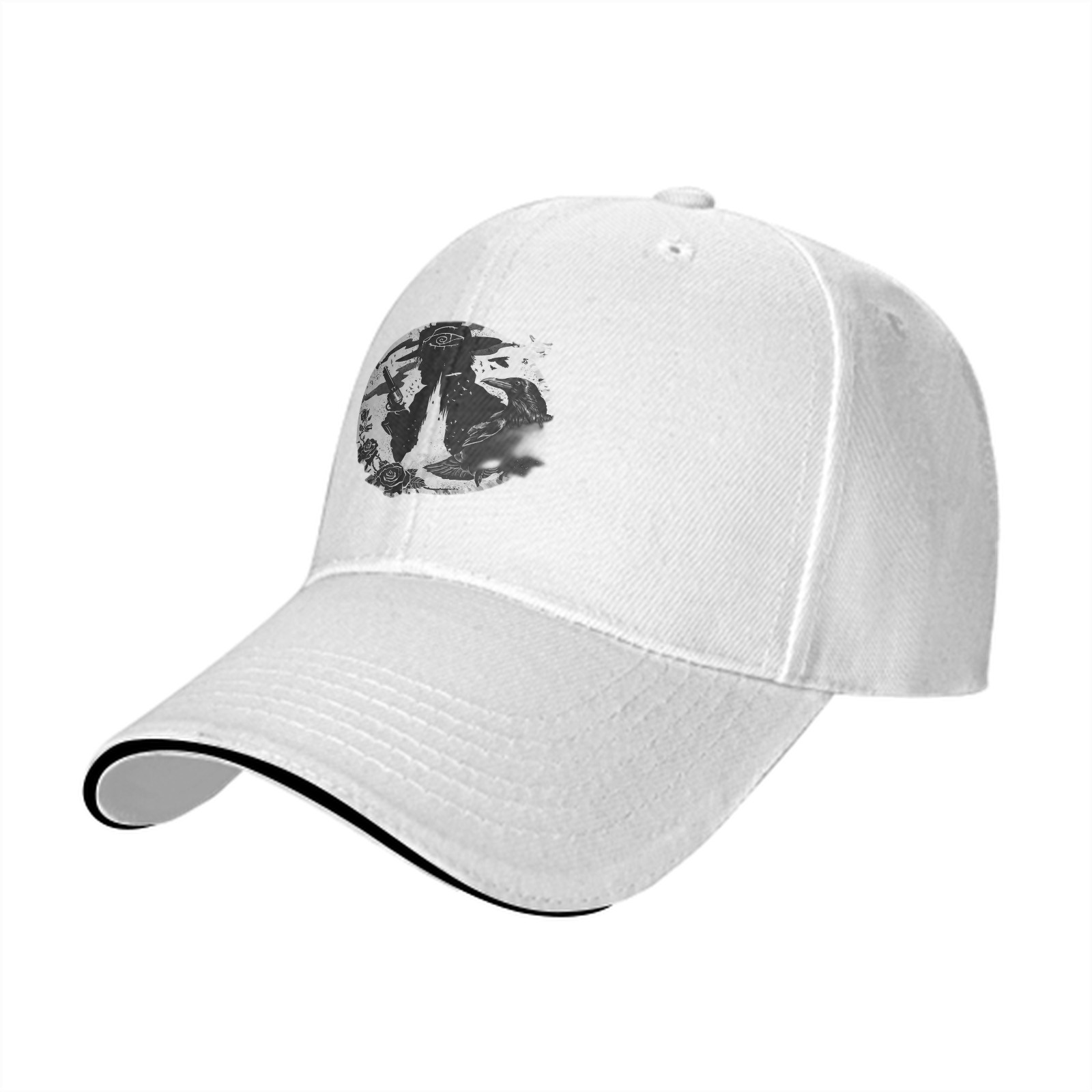 Black Baseball Cap With Gothic Silhouette And Rose Graphic