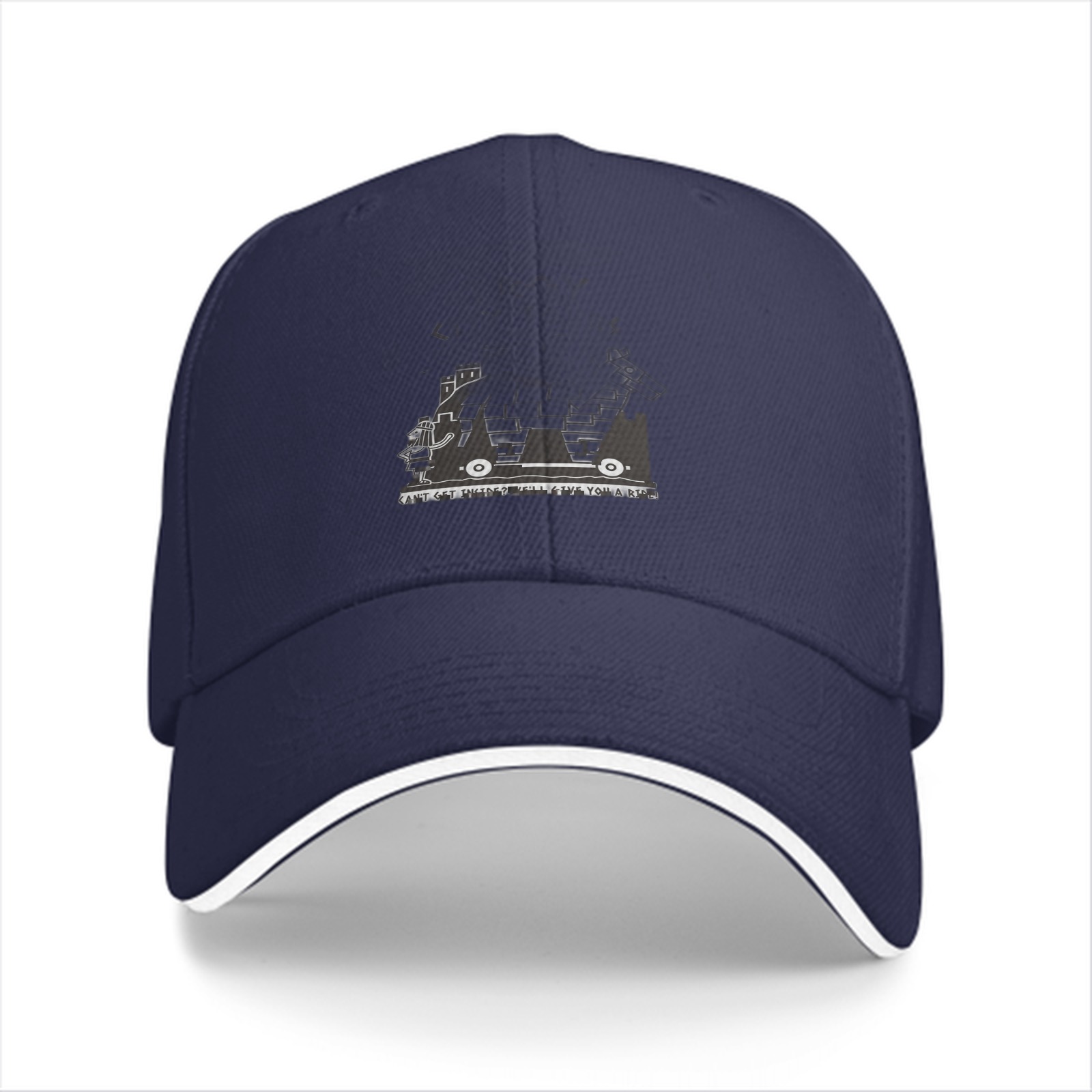 Black baseball cap with monochrome graphic print on front