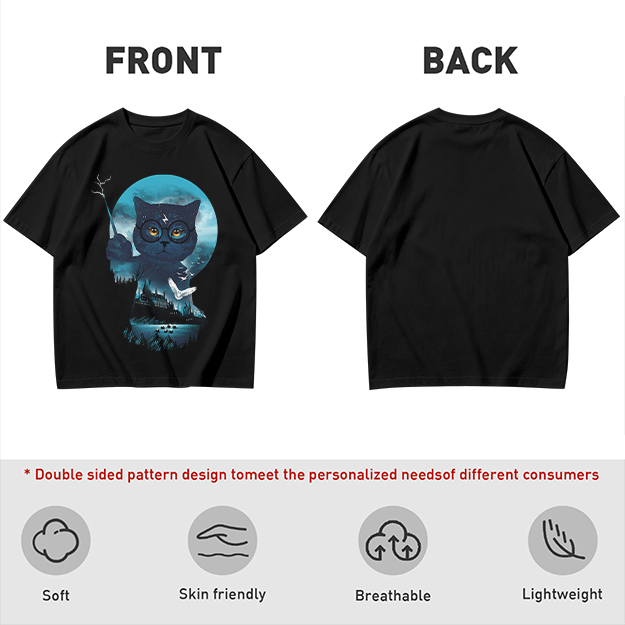 Olive T-shirt with Harry Potter themed wizard cat graphic