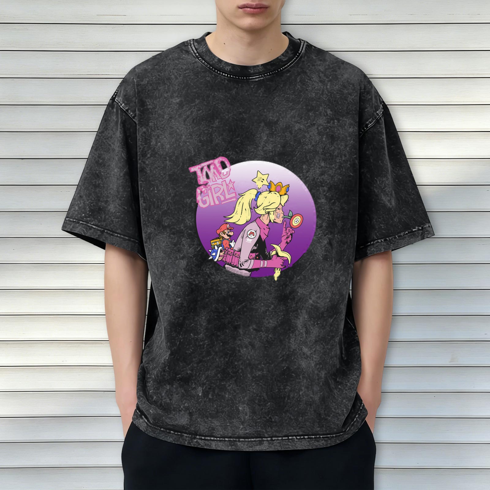 acid wash t-shirt with mario kart princess peach graphic