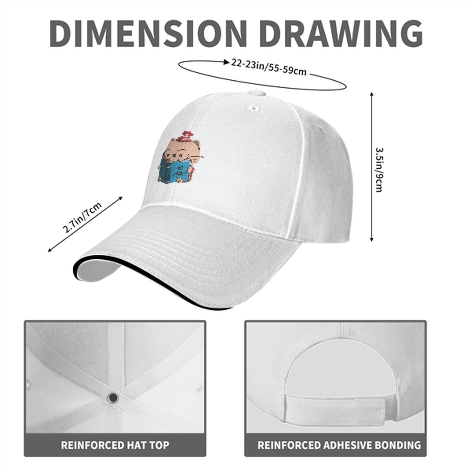 Black Baseball Cap With Cute Reading Cat Graphic