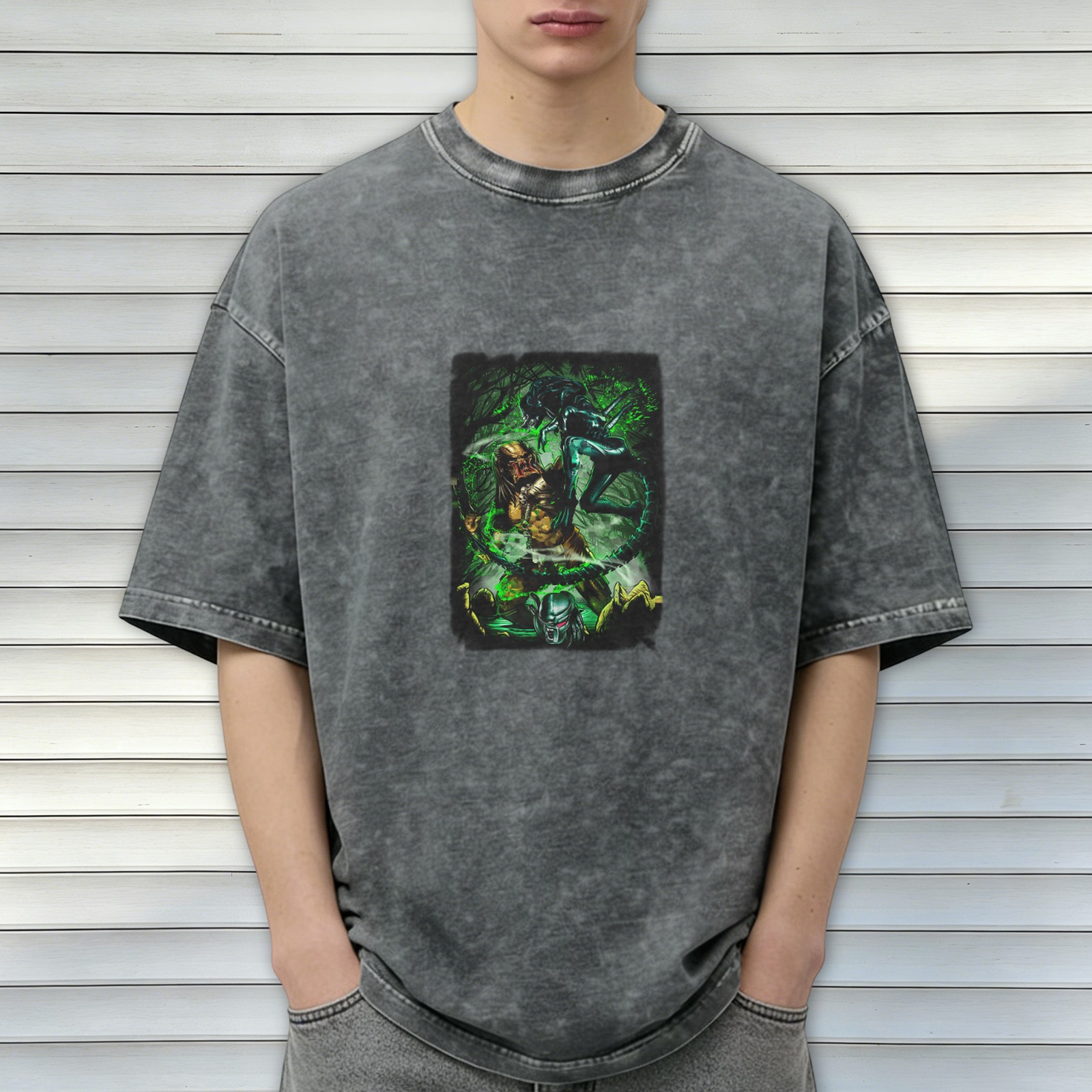 Washed Black Oversized T-Shirt With Alien Vs Predator Graphic