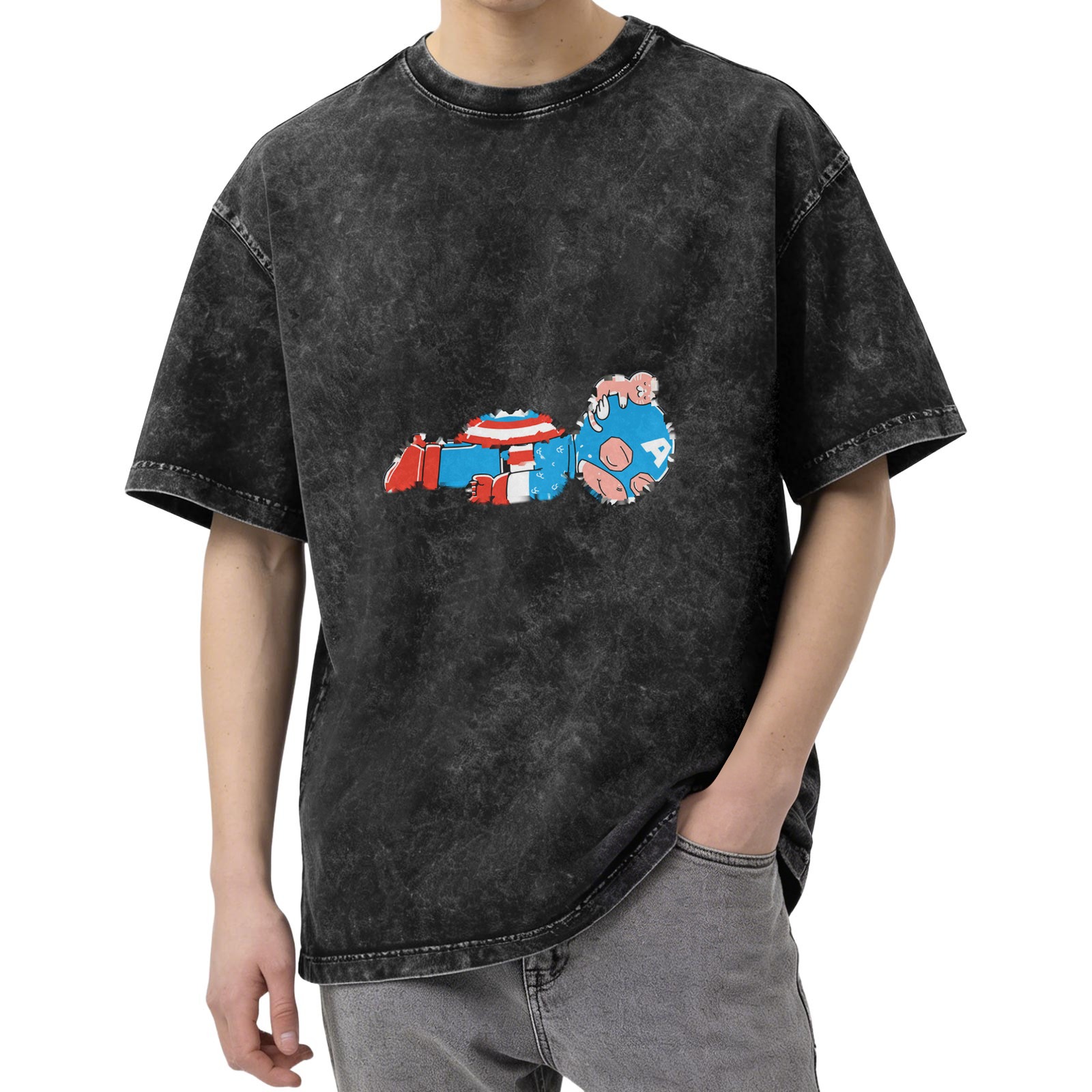 Oversized Acid Wash T-Shirt With Distressed Captain America Art