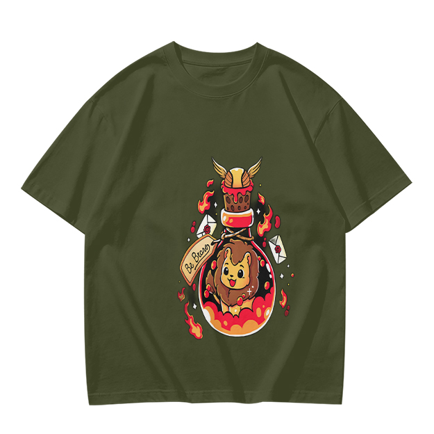 Olive T-Shirt With Cute Lion In Potion Bottle Graphic