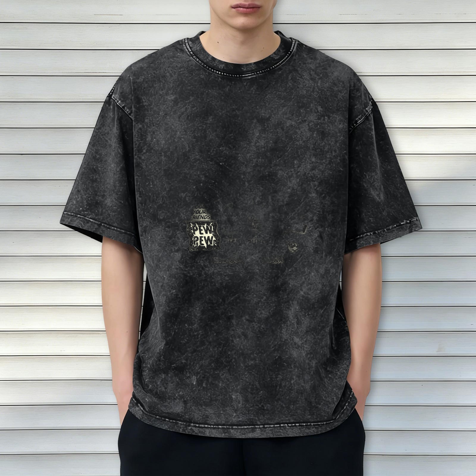 Oversized acid wash t-shirt with Pew Pew graphic print