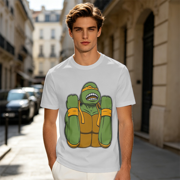 Olive Green T-Shirt With Michelangelo Ninja Turtle Graphic