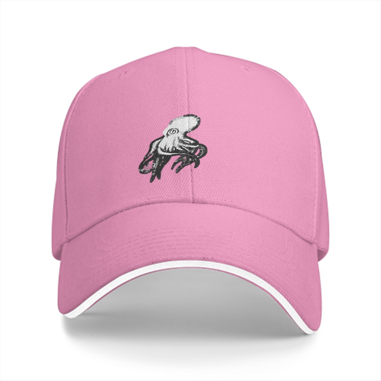 Black baseball cap with white octopus graphic design