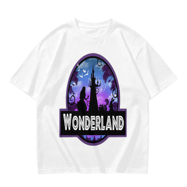 Olive green t-shirt with Wonderland fantasy castle graphic print