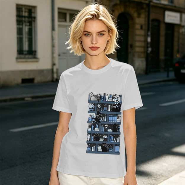 Olive Green T-Shirt With Black Cats On Bookshelves Graphic