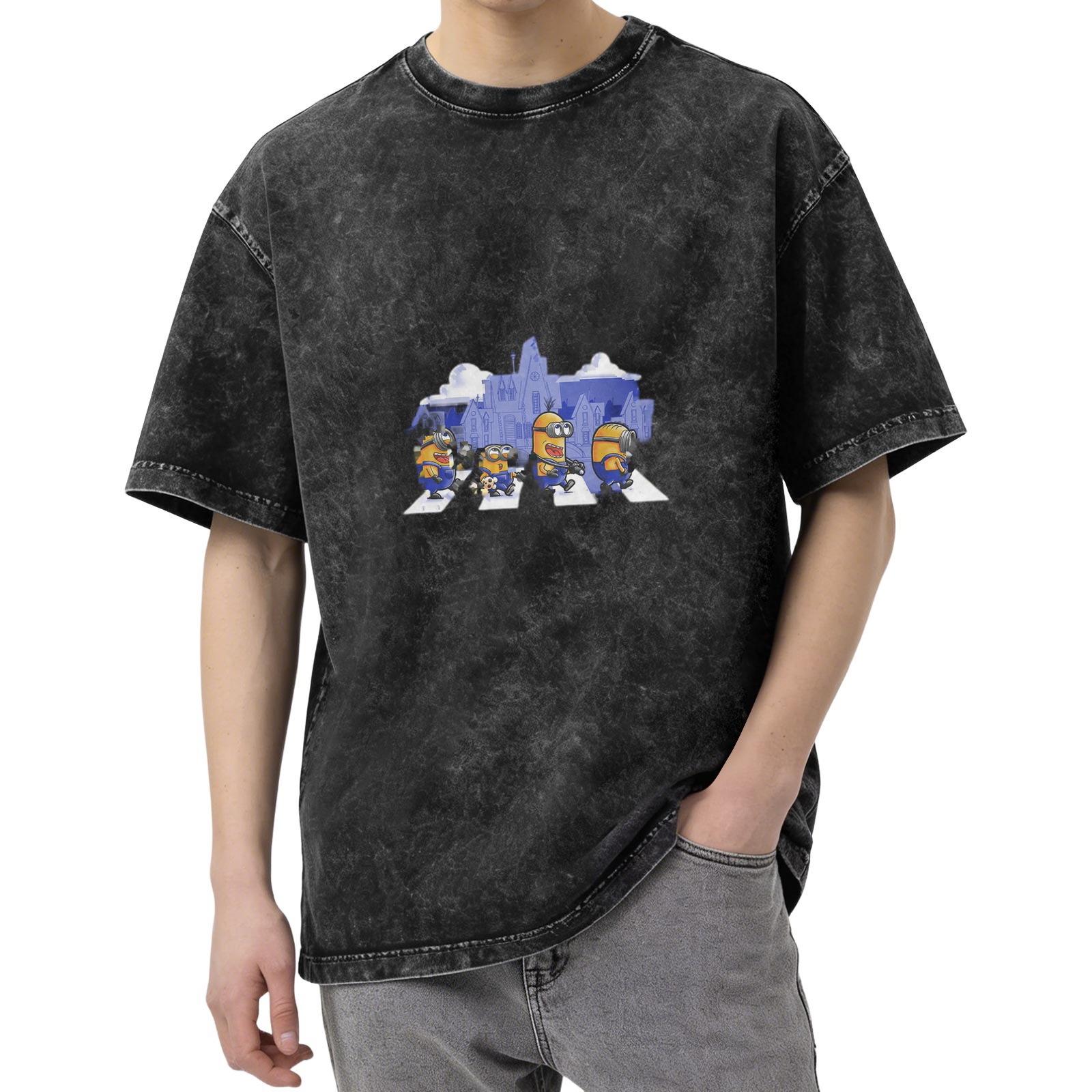 Distressed black short-sleeved T-shirt Minions Abbey Road themed print loose style