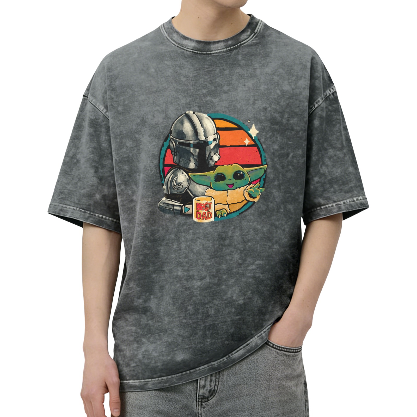 Star Wars The Mandalorian & Grogu (Baby Yoda) 'Best Dad' Graphic Acid-Wash Short Sleeve T-Shirt