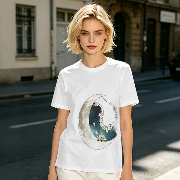 Olive T-shirt with Crescent Moon Galaxy Astronaut Graphic