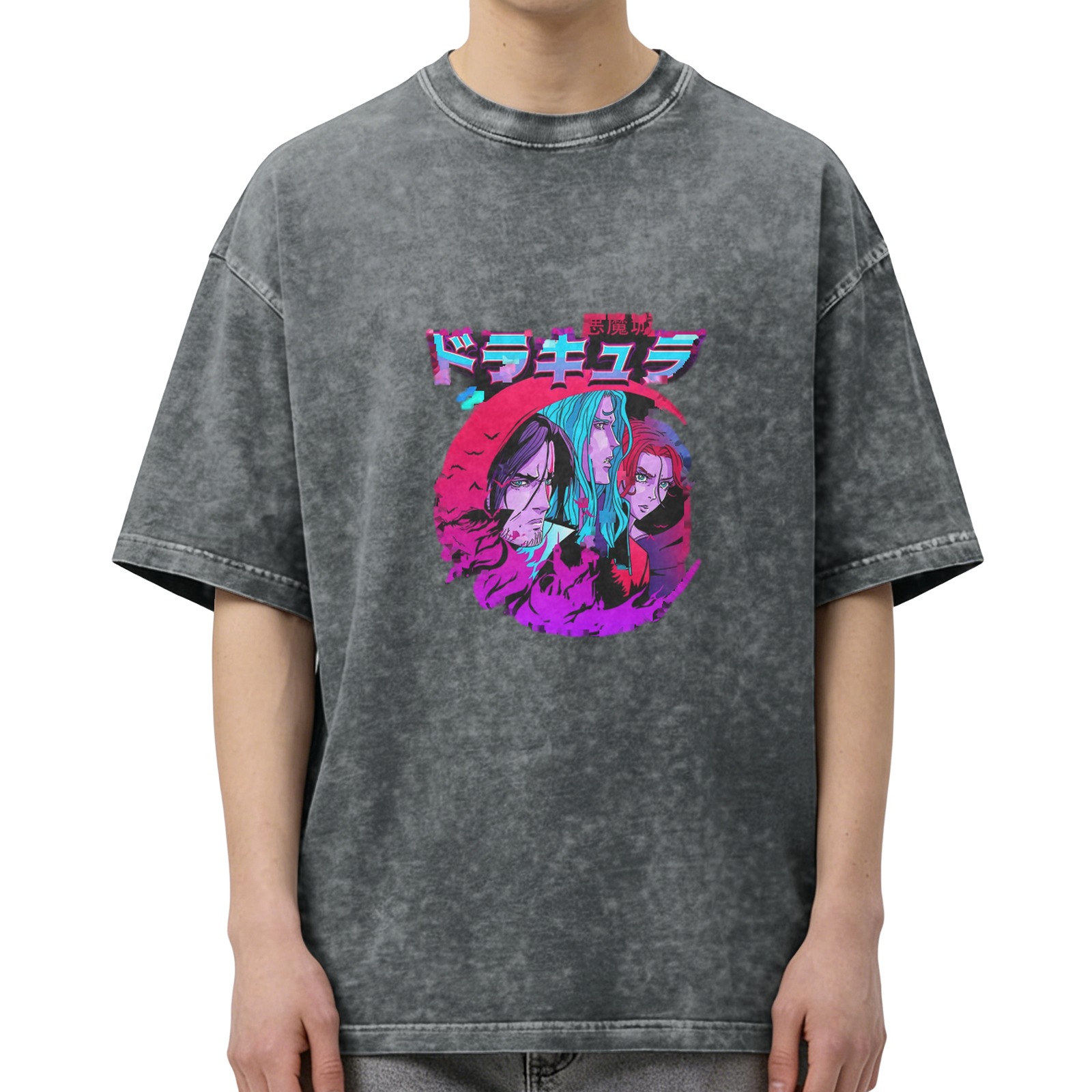 Retro washed black anime theme printed short-sleeved T-shirt