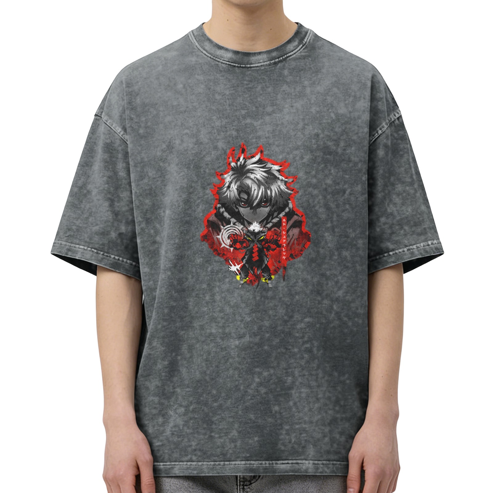 Oversized Acid Wash T-Shirt with Dark Anime Character Print