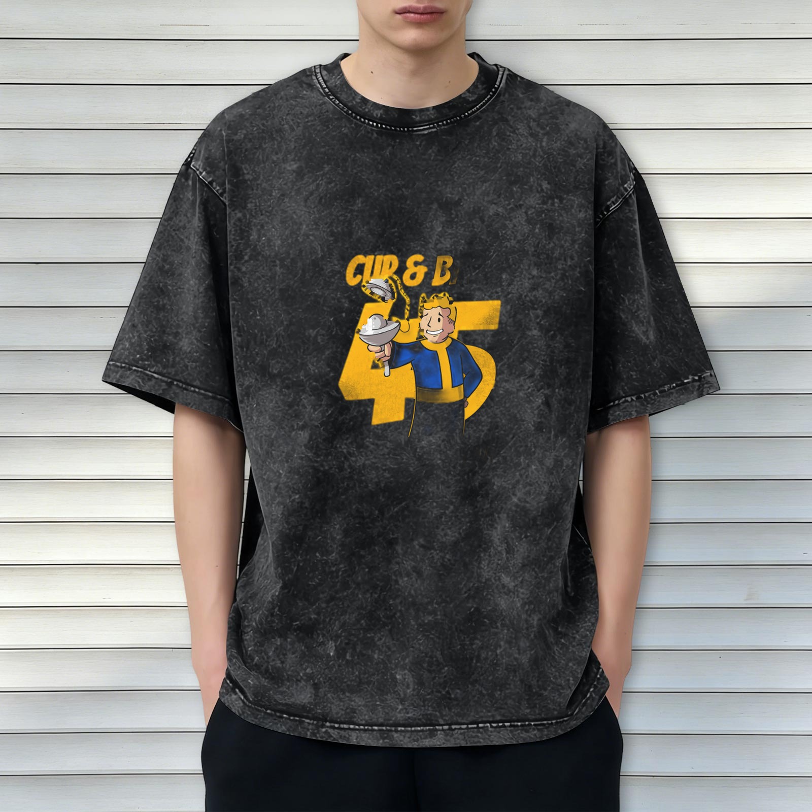 Oversized faded t-shirt with Vault Boy Cup & B 45 graphic