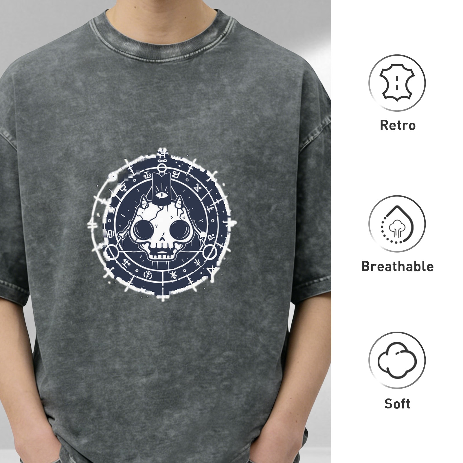 Washed Black Oversized T-Shirt With Occult Cat Skull Graphic