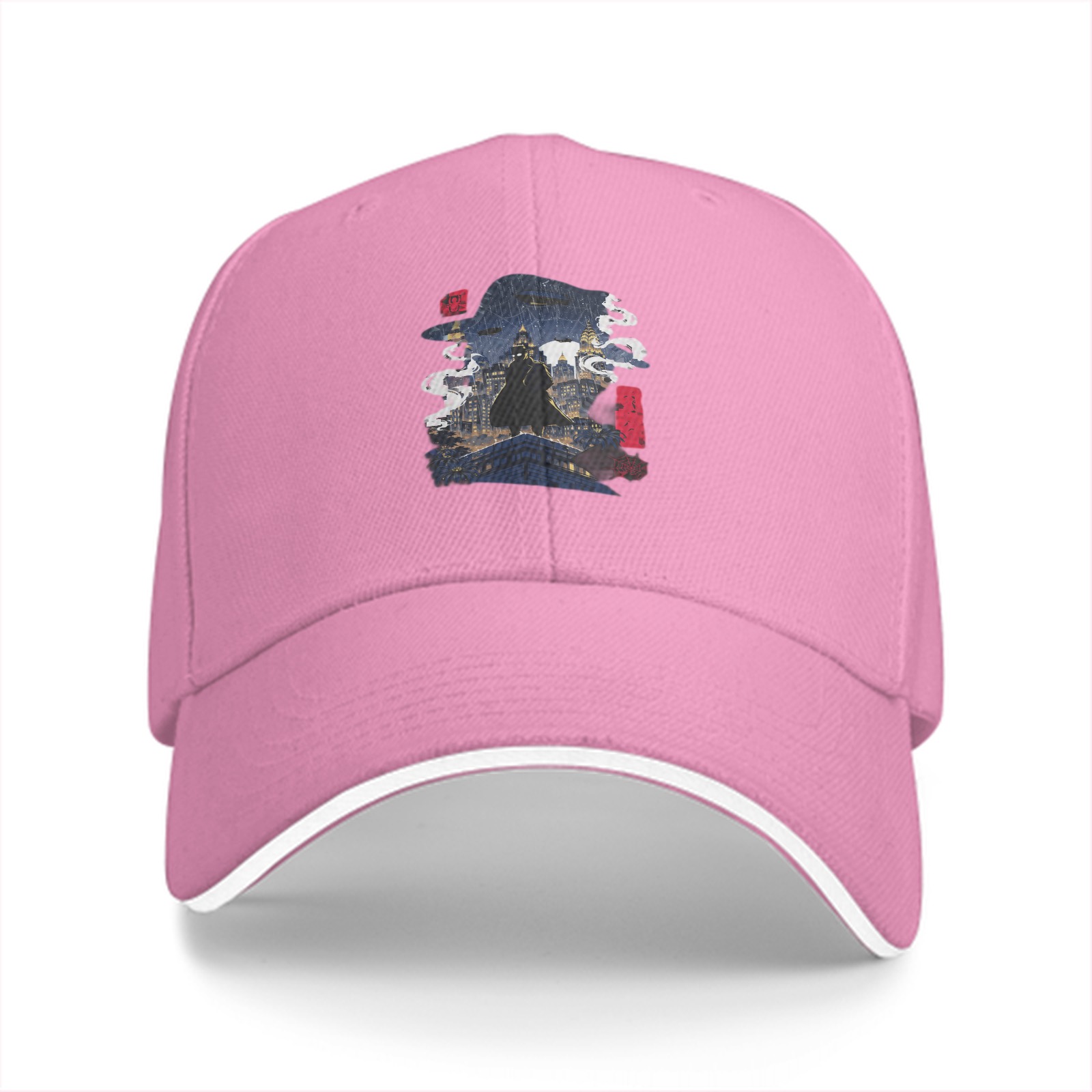 Black baseball cap with fantasy cityscape graphic print
