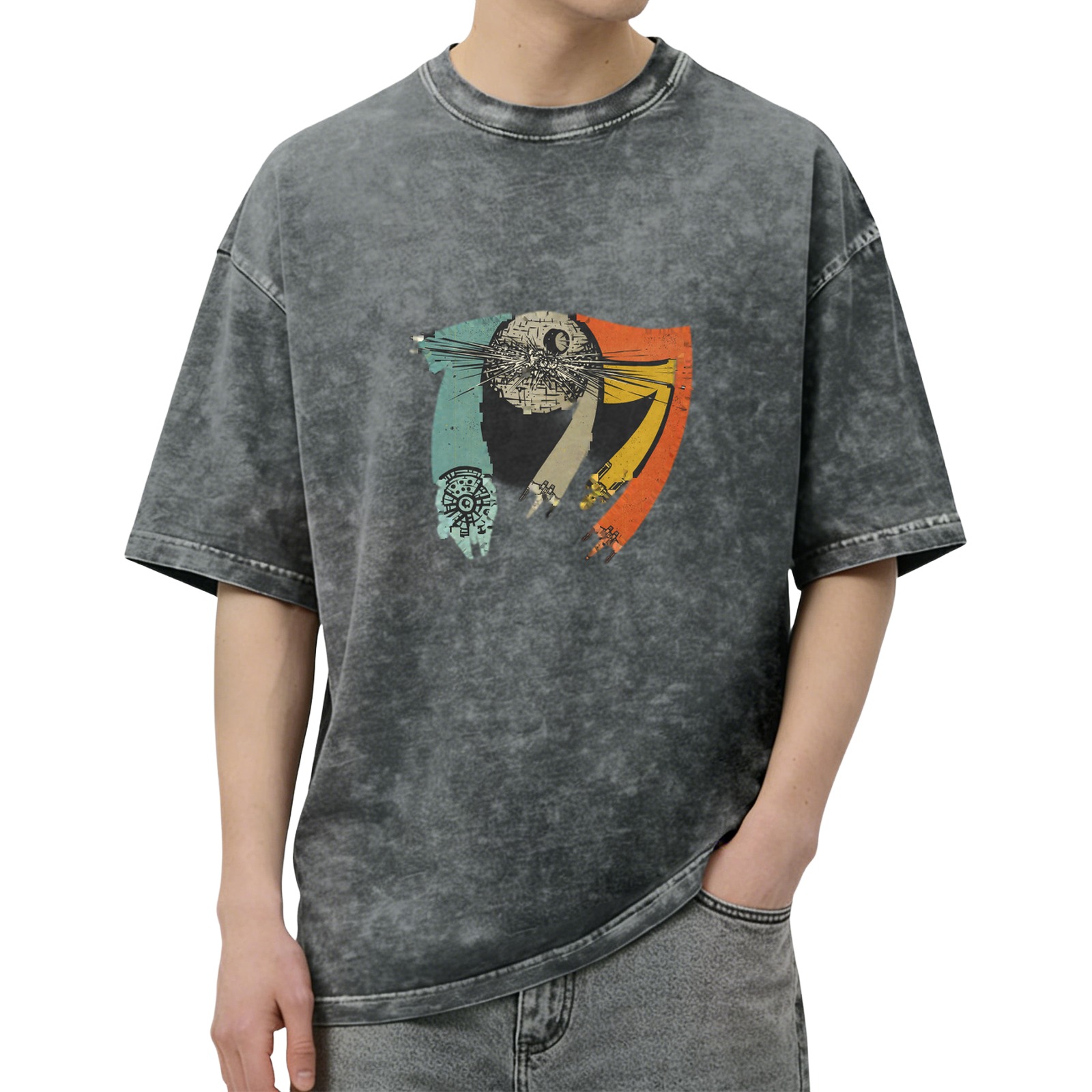 Distressed black Star Wars themed printed short-sleeved T-shirt