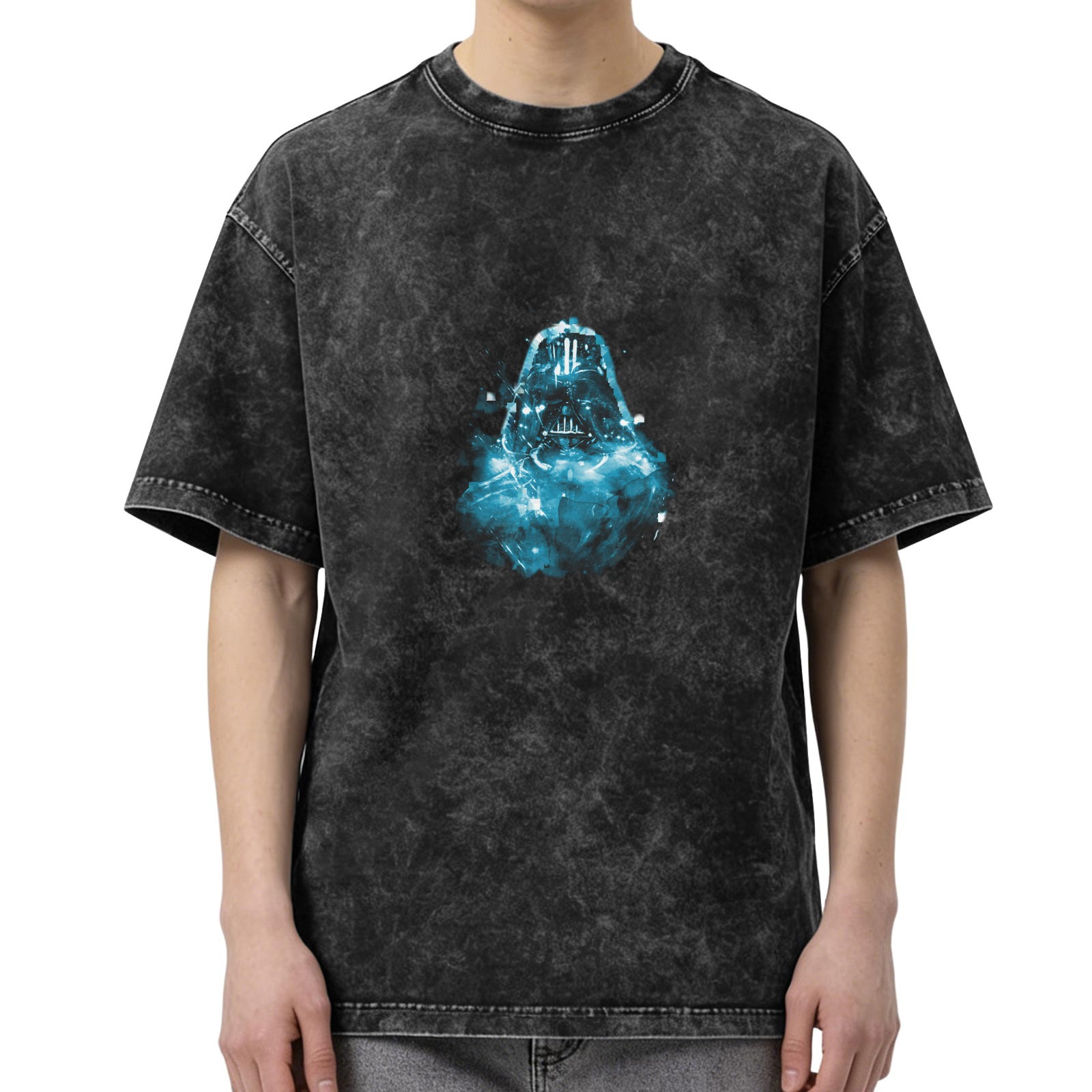 Washed Black Oversized T-Shirt With Glowing Blue Darth Vader Graphic