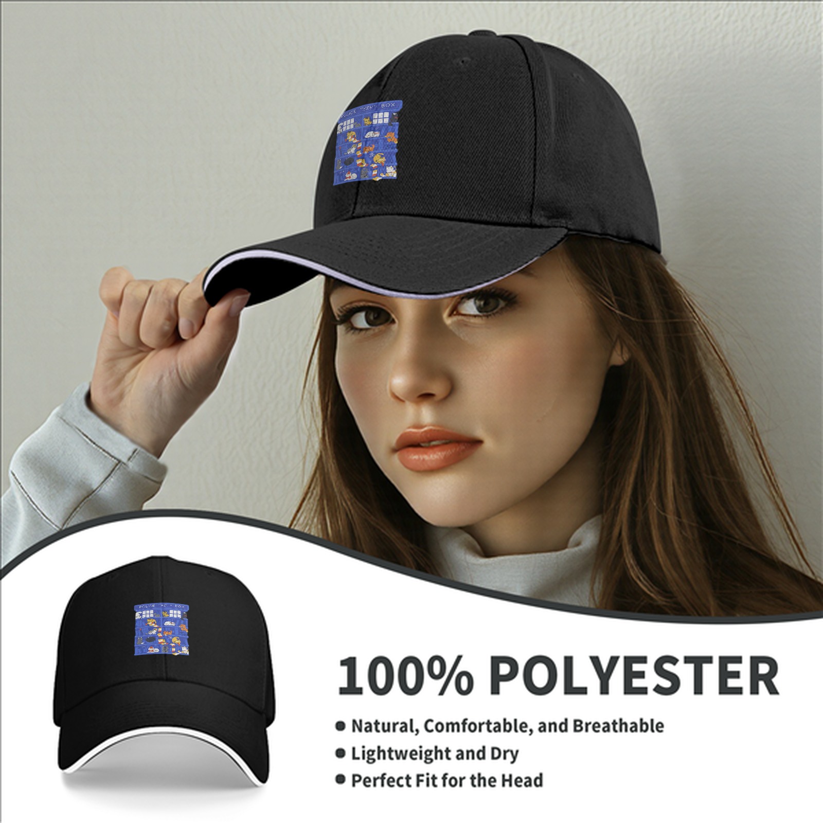 Black Baseball Cap with TARDIS Police Box Cat Print