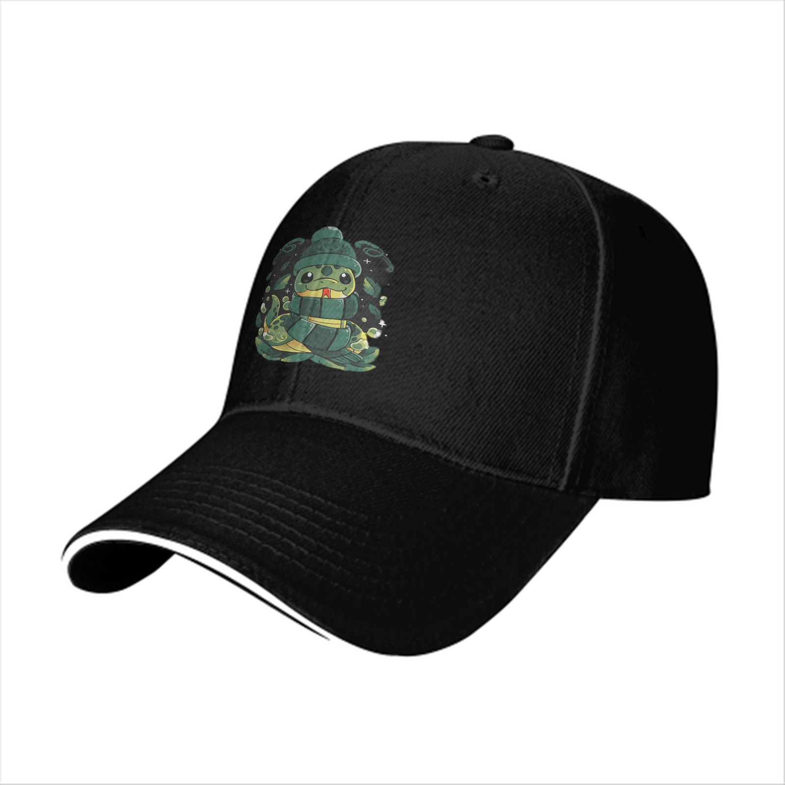 Black Baseball Cap With Cute Cartoon Snake Graphic Design