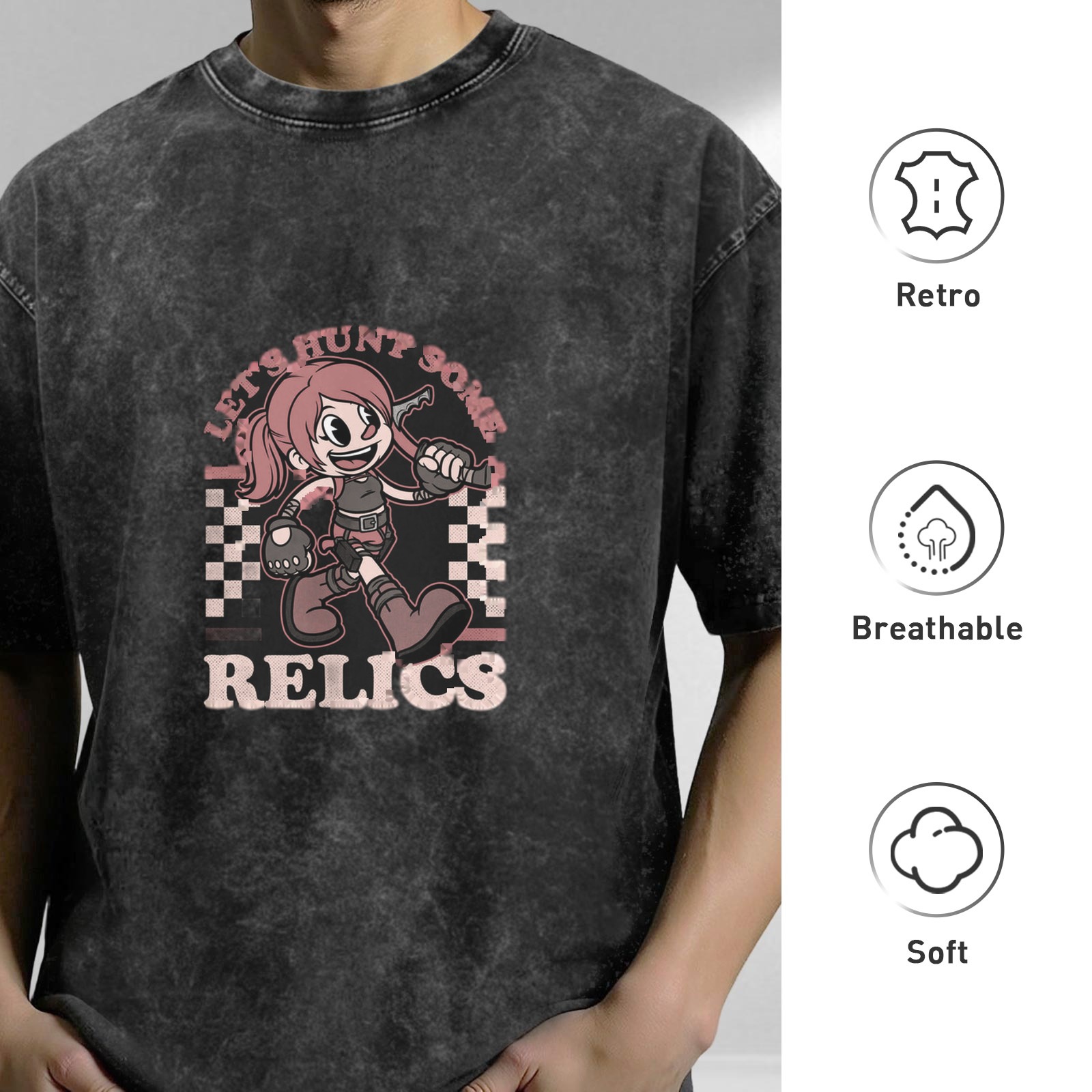 Washed Graphic Tee With Retro Cartoon Relic Hunter Print