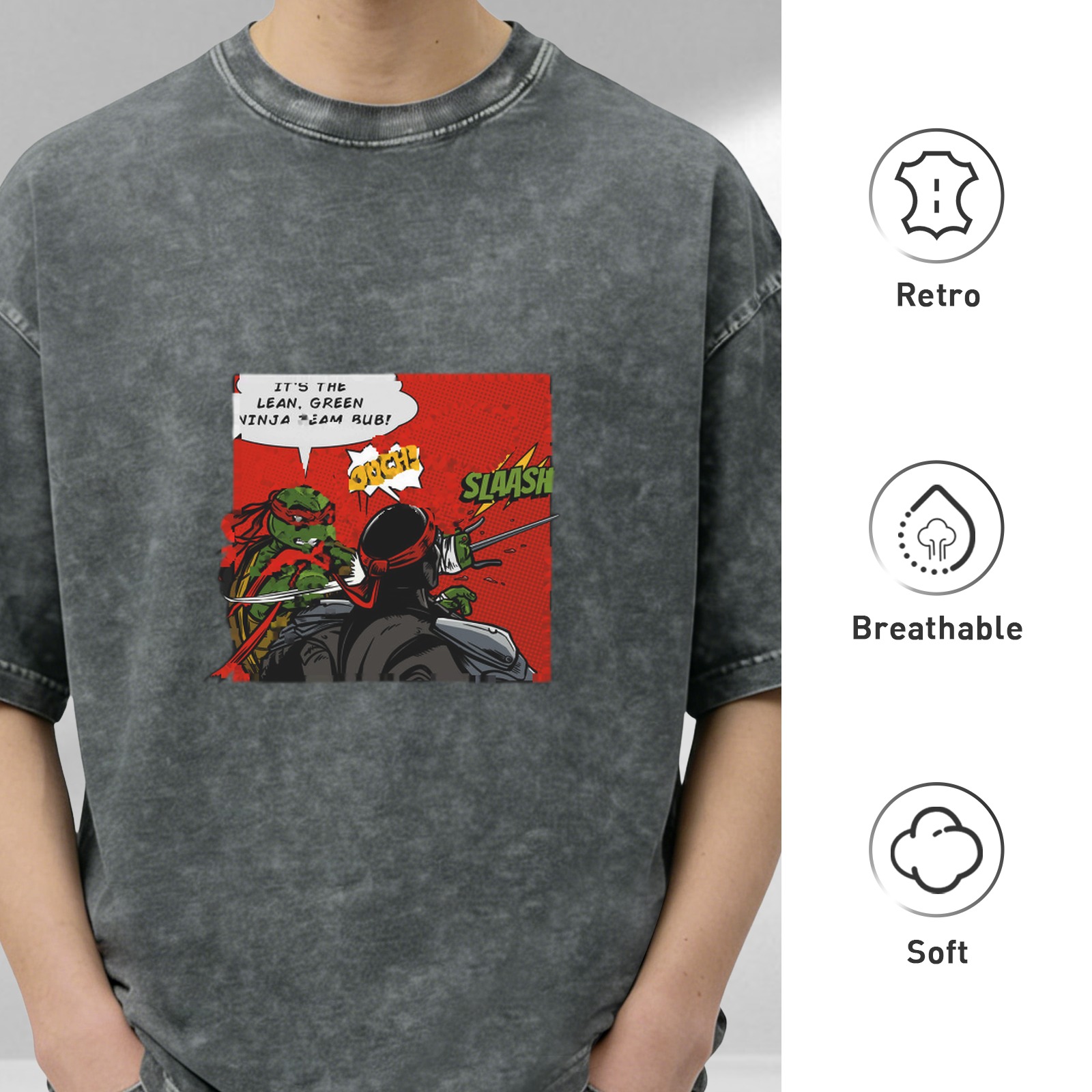 Washed black t-shirt with Teenage Mutant Ninja Turtles comic print