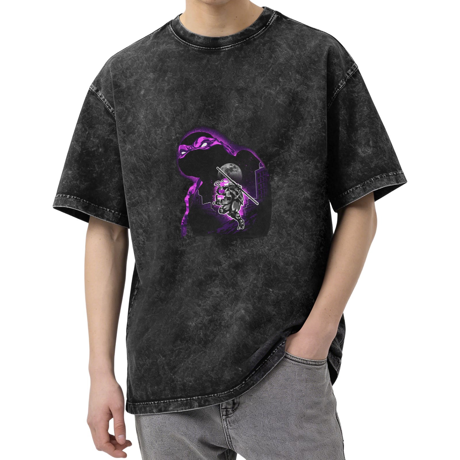 Washed black graphic t-shirt with purple ninja turtle design