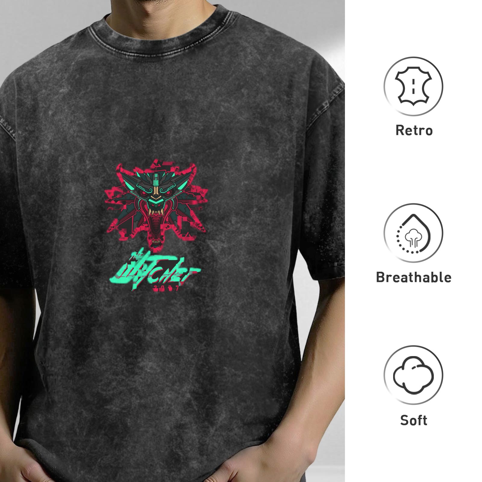 Cyberpunk Witcher Wolf Emblem Acid Wash T-shirt
