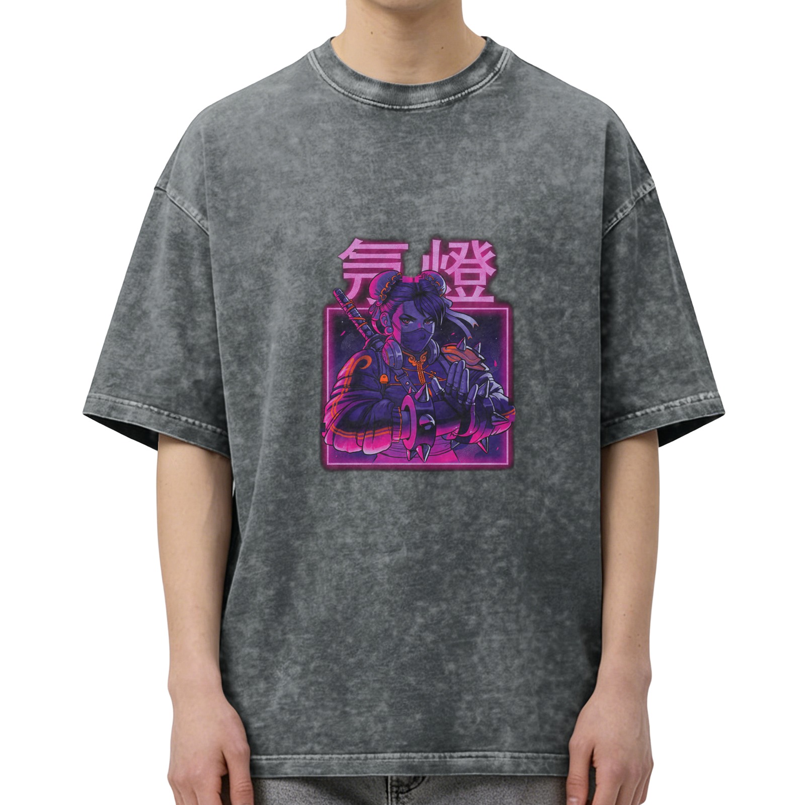 Distressed washed black loose short-sleeved T-shirt Cyberpunk style anime ninja print Japanese text design Street fashion casual top