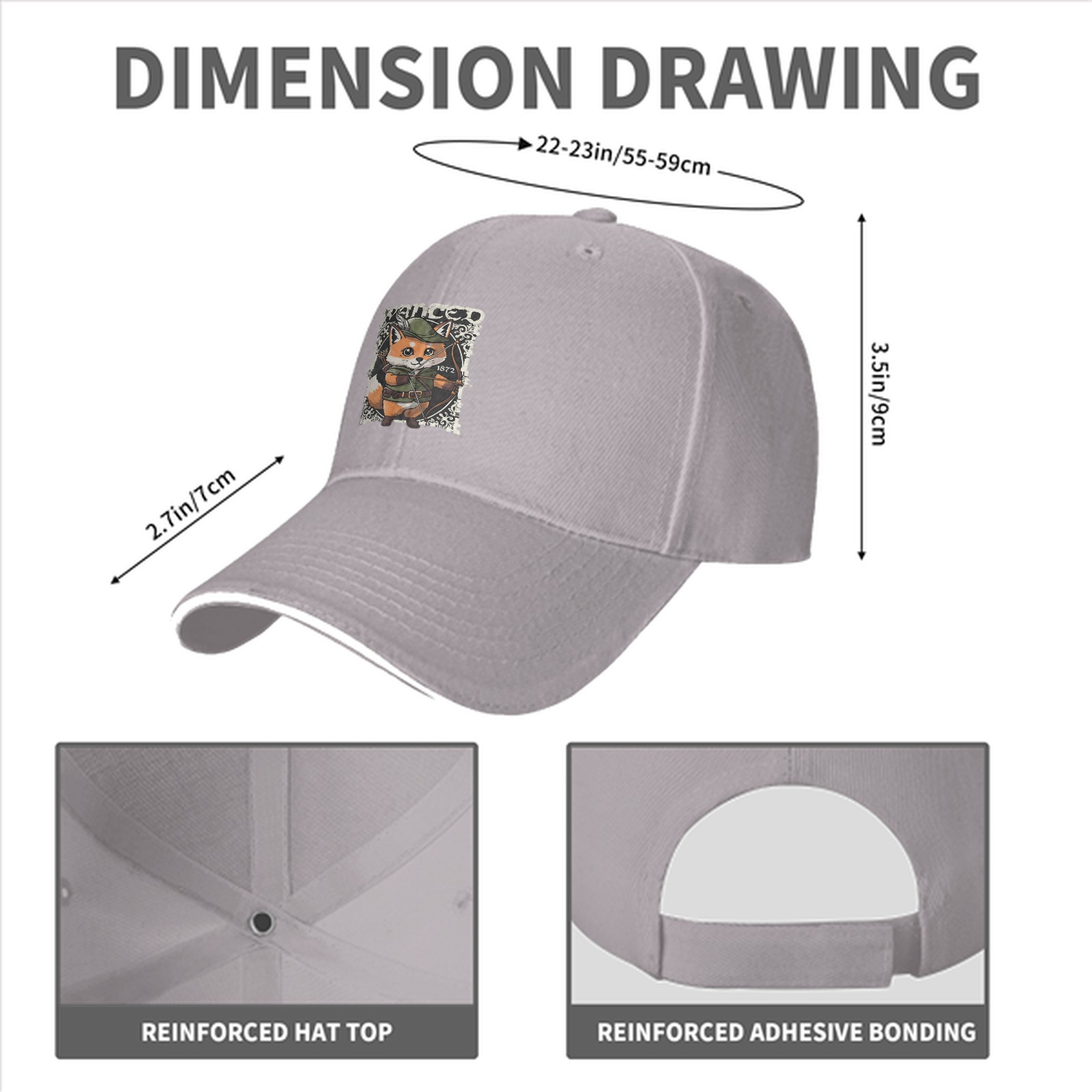 Black baseball cap with cute fox archer wanted print