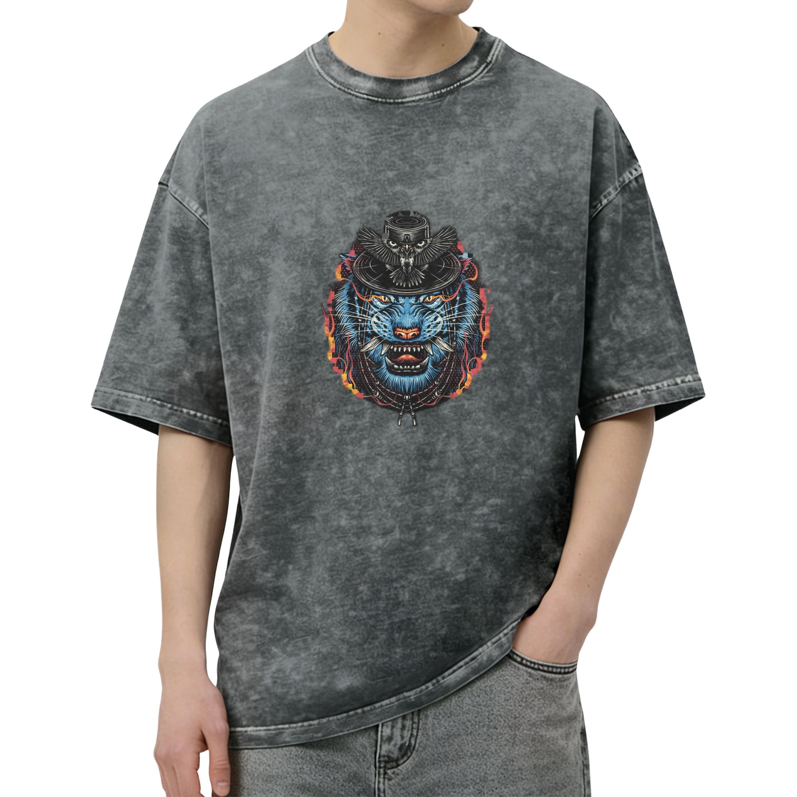 Washed Black Graphic T-Shirt With Blue Tiger Owl Hat Print
