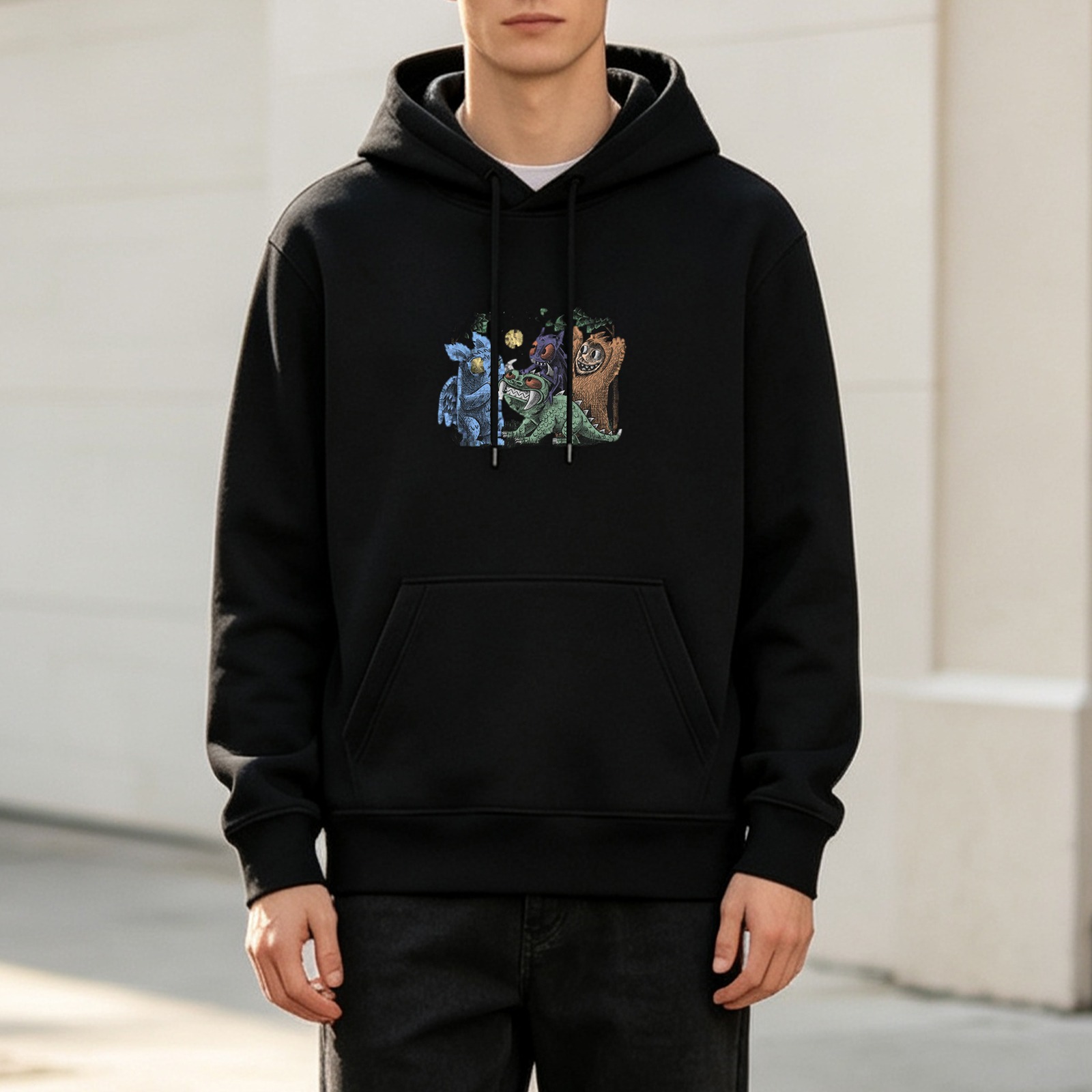 Black Hoodie With Fantasy Creature Graphic Print