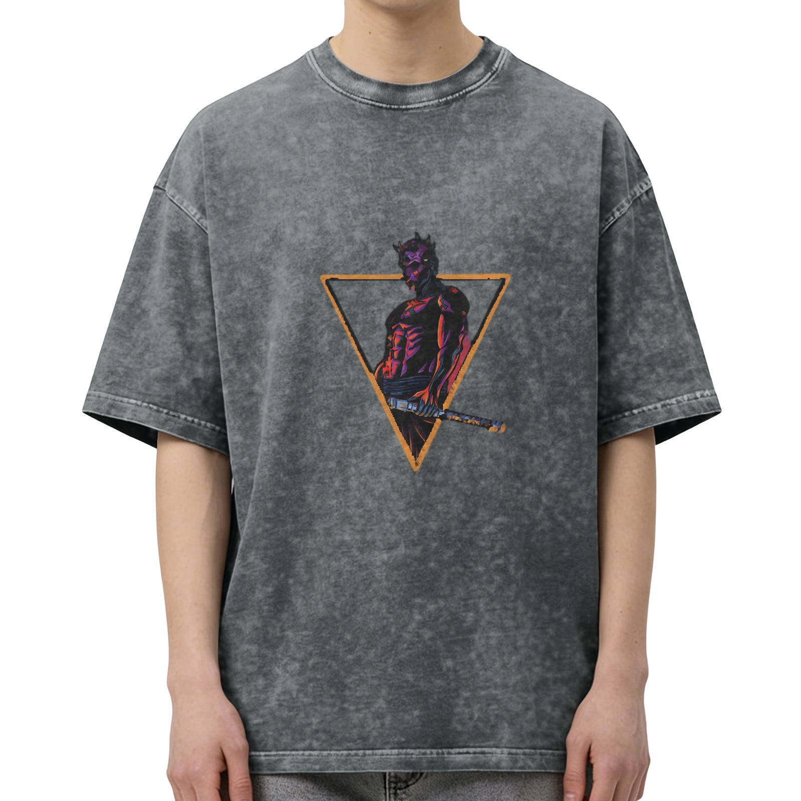 Washed Black Oversized T-Shirt With Triangle Superhero Graphic