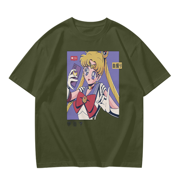 Olive T-shirt with Sailor Moon Selfie Anime Print