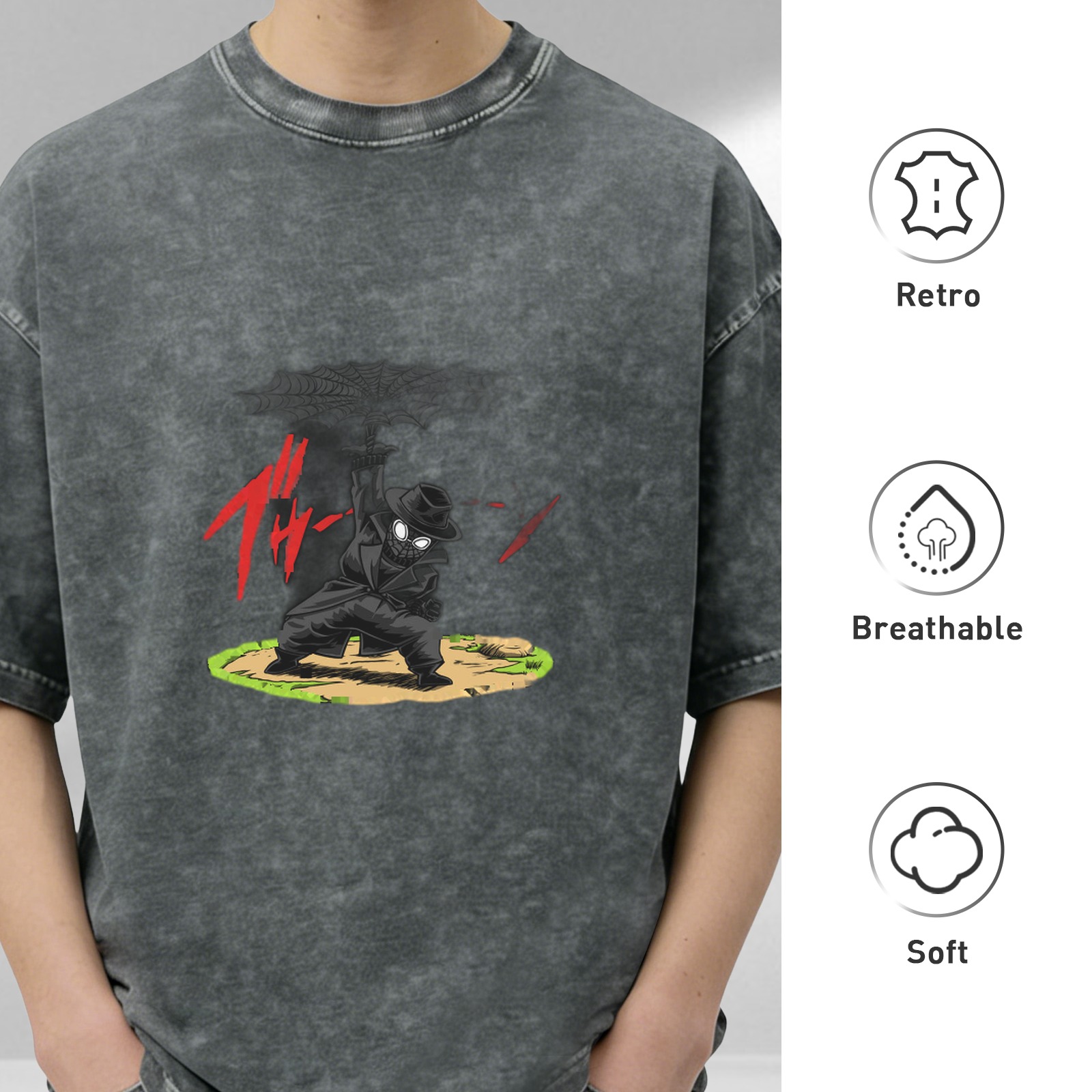 Washed black oversized t-shirt with anime ninja graphic print