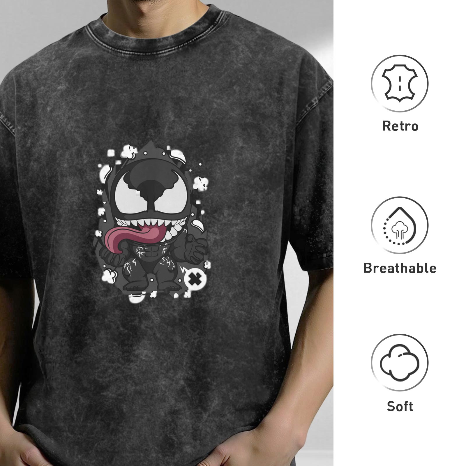 Oversized Acid Wash T-Shirt With Cute Chibi Venom Graphic