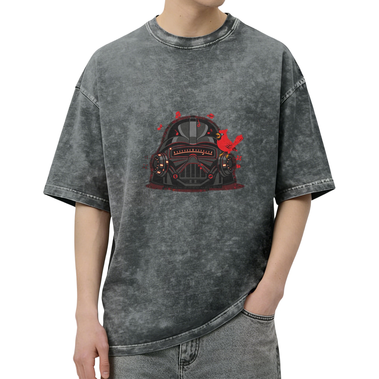 Oversized acid wash t-shirt with Darth Vader helmet and cardinal bird graphic