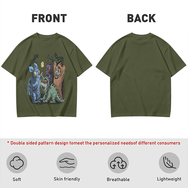 Olive Green T-Shirt With Whimsical Monster Crew Graphic Print