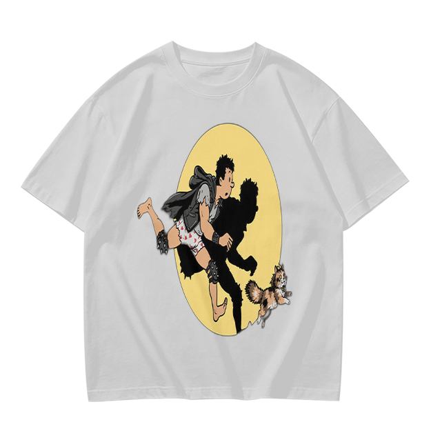 Olive T-Shirt With Cartoon Running Figure And Shadow Print